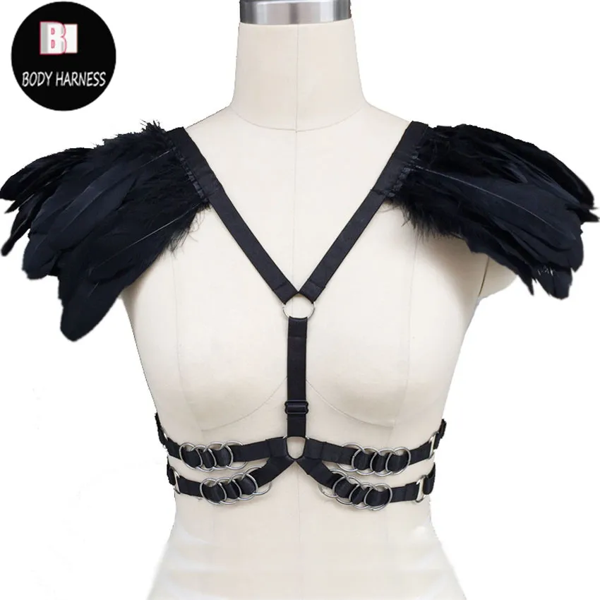 white wings Elastic black body harness feather shrug harness cage bra epaulets Edgy fashion body harness cage bra shoulder