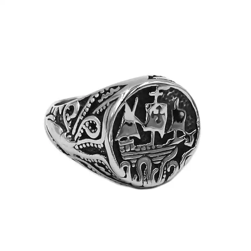 Wholesale Sailing Boat Ship Cross Ring Stainless Steel Jewelry Classic Pirate Ship Octopus Navy Military Biker Mens Ring 891B