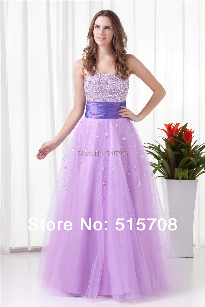 

New Tulle Strapless Beadings Sequins Sash Purple Formal Long Evening Dresses Prom Gowns Custom Make Free Shipping