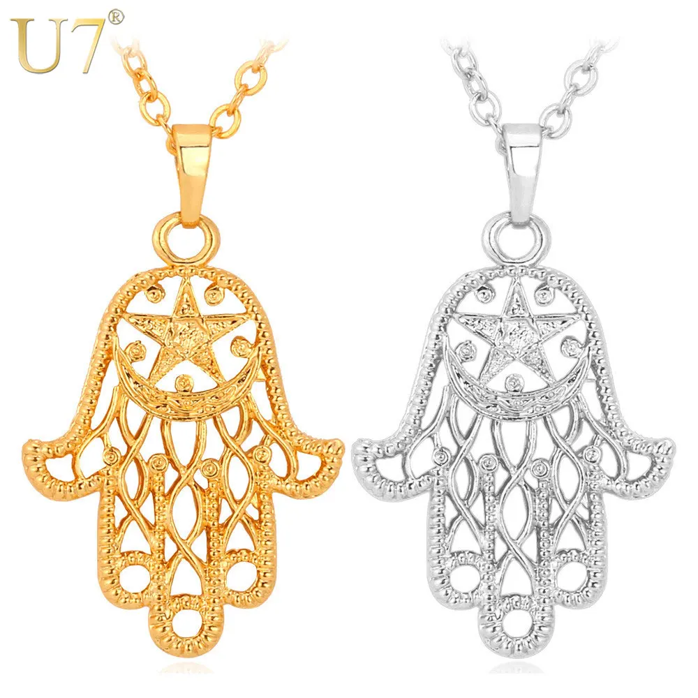 

U7 Hand of Fatima Pendant Gold Color Unisex Women/Men Jewelry Pentacle Figure Hamsa Hand Necklace Wholesale P472 QC24