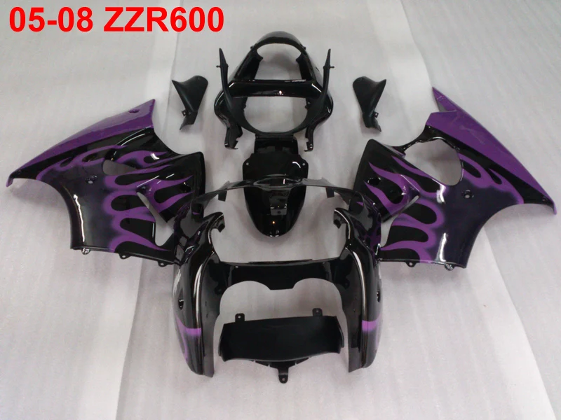 Injection mold high quality fairing kit for Kawasaki Ninja ZZR600 05 06 07 08 purple flaems black fairings ZZR600 2005-2008 TW34