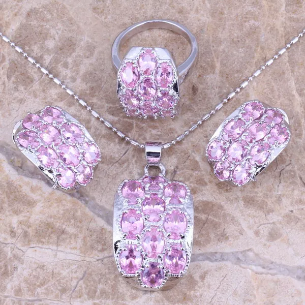 Pink Cubic Zirconia Silver Plated Jewelry Sets Earrings Pendant Ring Size 6 / 7 / 8 / 9 / 10 S0012