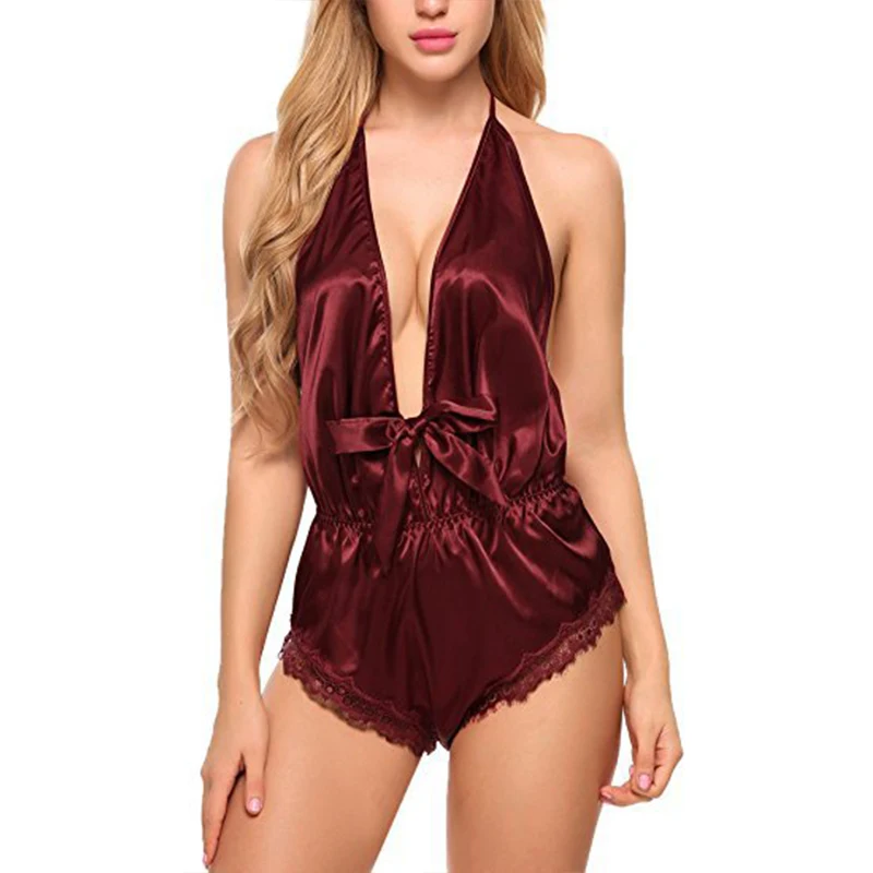 Sanderala Sexy Womens Smooth Satin Lace Nightwear Bow Lingerie Plus Size 2XL Nightwear Bodysuits Underwear Lace Cross Bandage