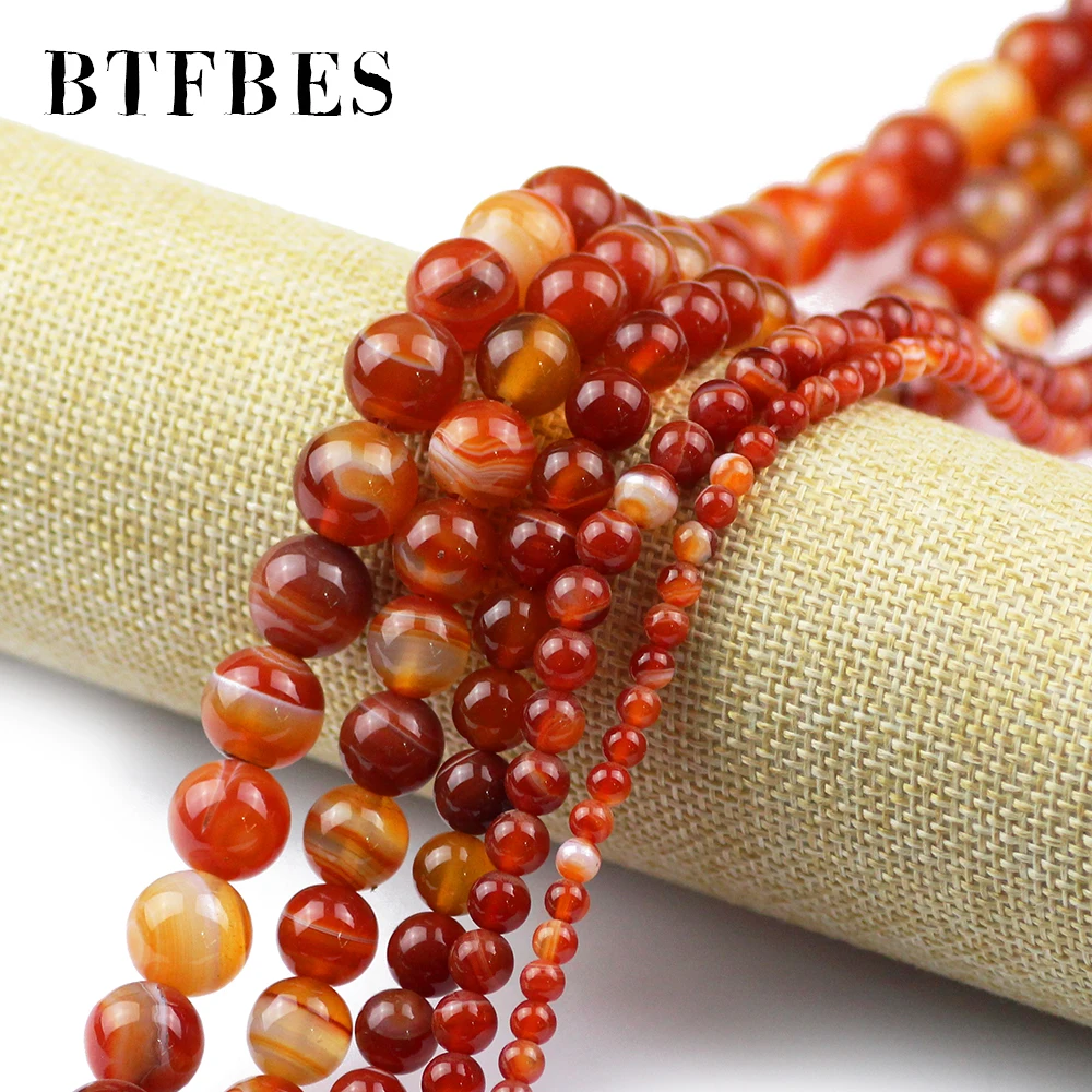 BTFBES Red Stripe Banded Carnelian Beads Natural Stone Ball 4 6 8 10 12MM Onyx Round Loose Beads For Jewelry Bracelet Making DIY