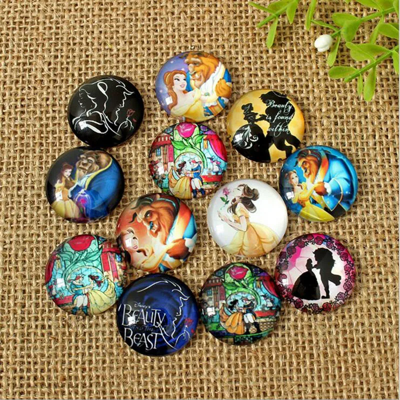 

60Pcs 8mm-35mm Beauty and Beast Round Handmade Photo Glass Cabochons & Glass Dome Cover Pendant Glass Cabochon