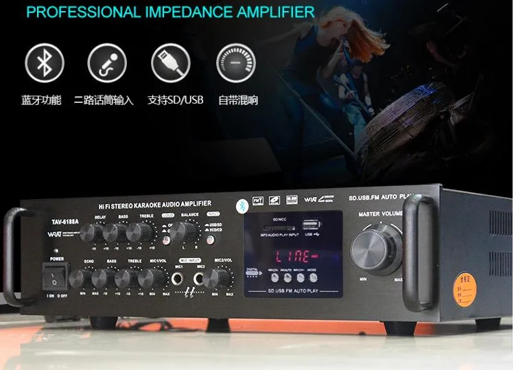 AC220V / DC12V TAV-6188A HIFI 홈 스테레오 가라오케 블루투스 오디오 앰프 LED 디스플레이 USB / SD FM 라디오 마이크 입력