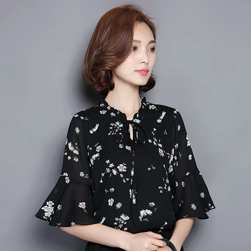 Fashion Dicetak Blus Sifon Wanita Musim Panas Setengah Lengan Korea Longgar Tipis Suar Lengan Kemeja Wanita Atasan Kasual Pakaian H9033