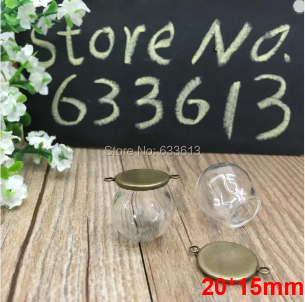 Free ship 100sets/lot silver color 20*15mm glass globe & 16mm base with 2 ring glass globes set glass vial pendant glass cover