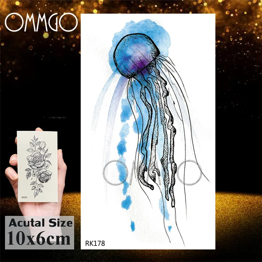 OMMGO 3D Watercolor Jellyfish Temporary Tattoos Sticker Ocean Draw Fake Tattoo Dolphin Custom Tatoos For Women Kids Body Art Arm
