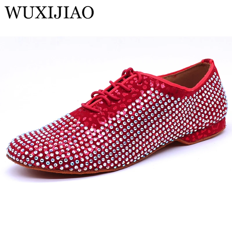 WUXIJIAO Latin Dance Shoes Men\'s Satin rhinestone Ballroom Dancing Shoes Men Soft Bottom Social Party Shoes Low Heel 2cm