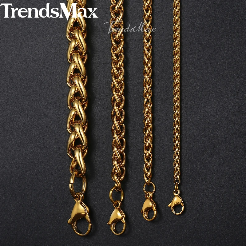 Length 3-10mm Men\'s Necklace Stainless Steel Gold Color Round Spiga Wheat Chain Hip Hop Jewelry Necklace For Men KNM136
