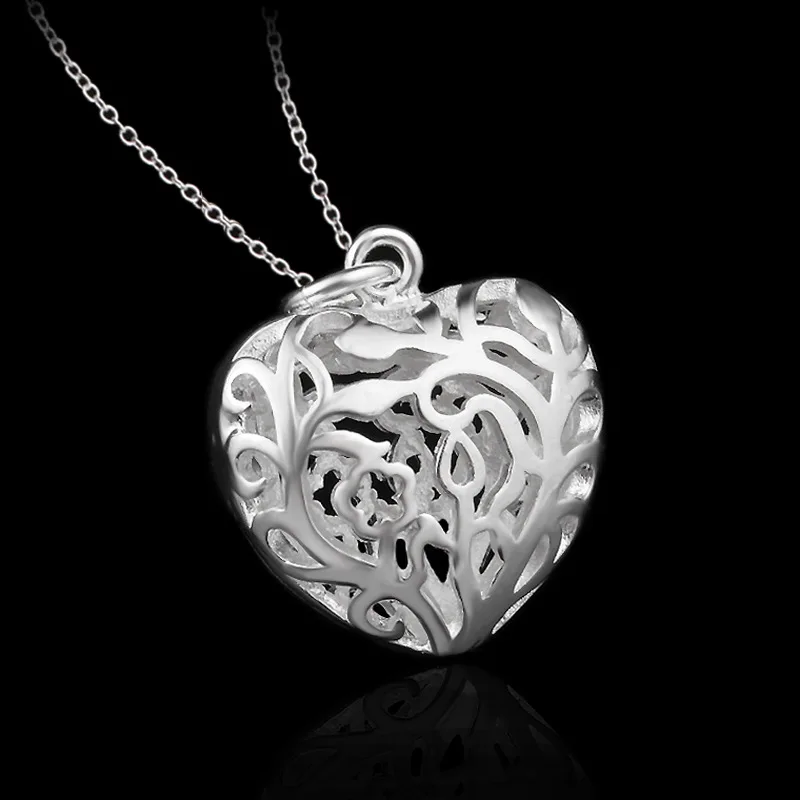 OMHXZJ Wholesale Personality Fashion Woman Girl Party Gift Silver Hollow Heart 925 Sterling Silver Charm Pendant Necklace CH62