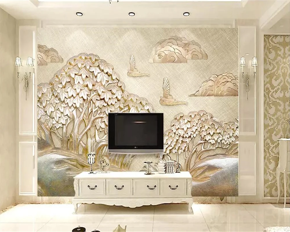 beibehang Custom wallpaper 3d photo murals golden embossed sailing small tree clouds living room bedroom TV 3d wallpaper murals