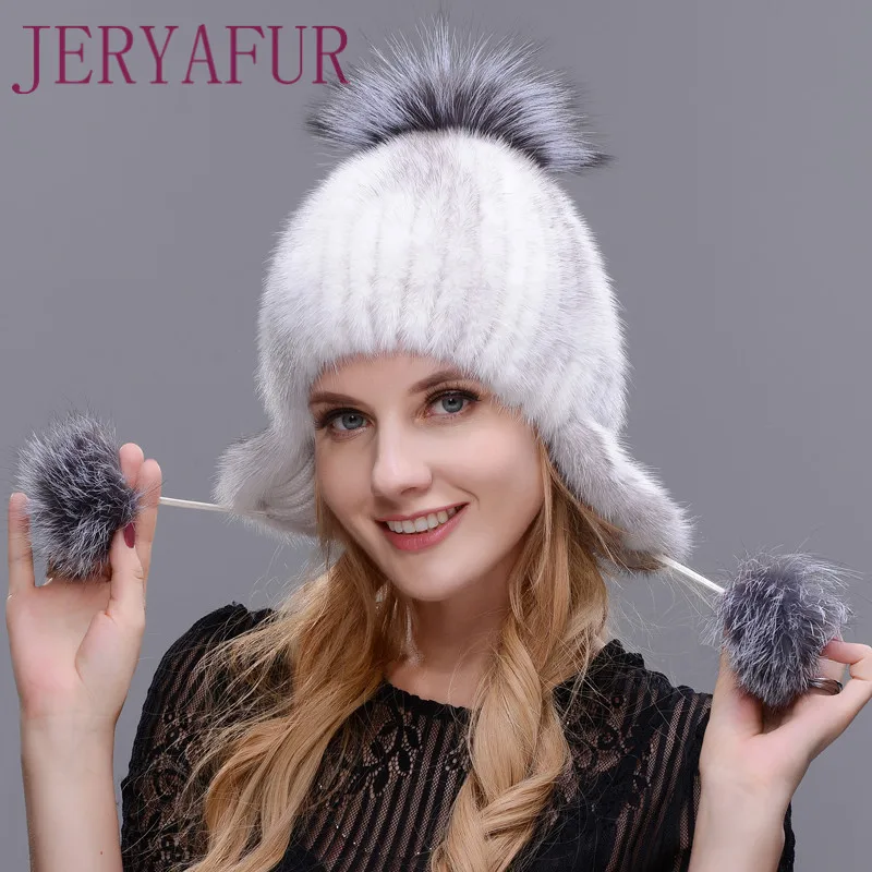 

JERYAFUR Winter Woman's Mink Hat New Hat To Protect The Ears of Mink and Fox Handmade Ski Hat Fur Preparation of Warm