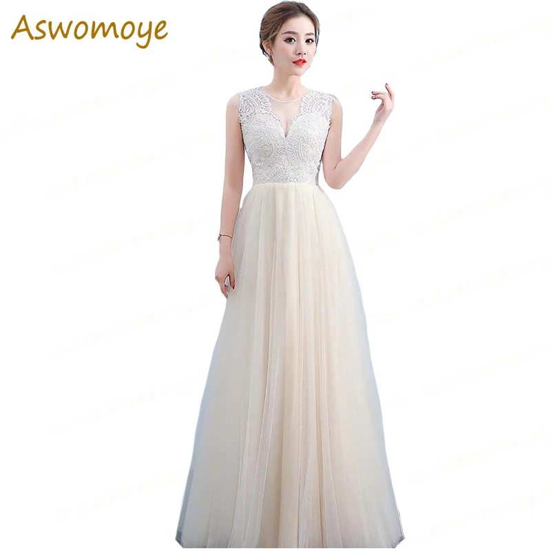 2019 New Evening Dresses Champagne Plus Size Illusion O-neck Sleeveless Prom Dress a Line Banquet Party Dress Haute Couture