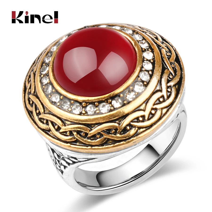 Kinel Luxury Vintage Wedding Ring For Women Gold Color Inlay Red Resin Crystal Fashion Round Big Rings Indian Jewelry