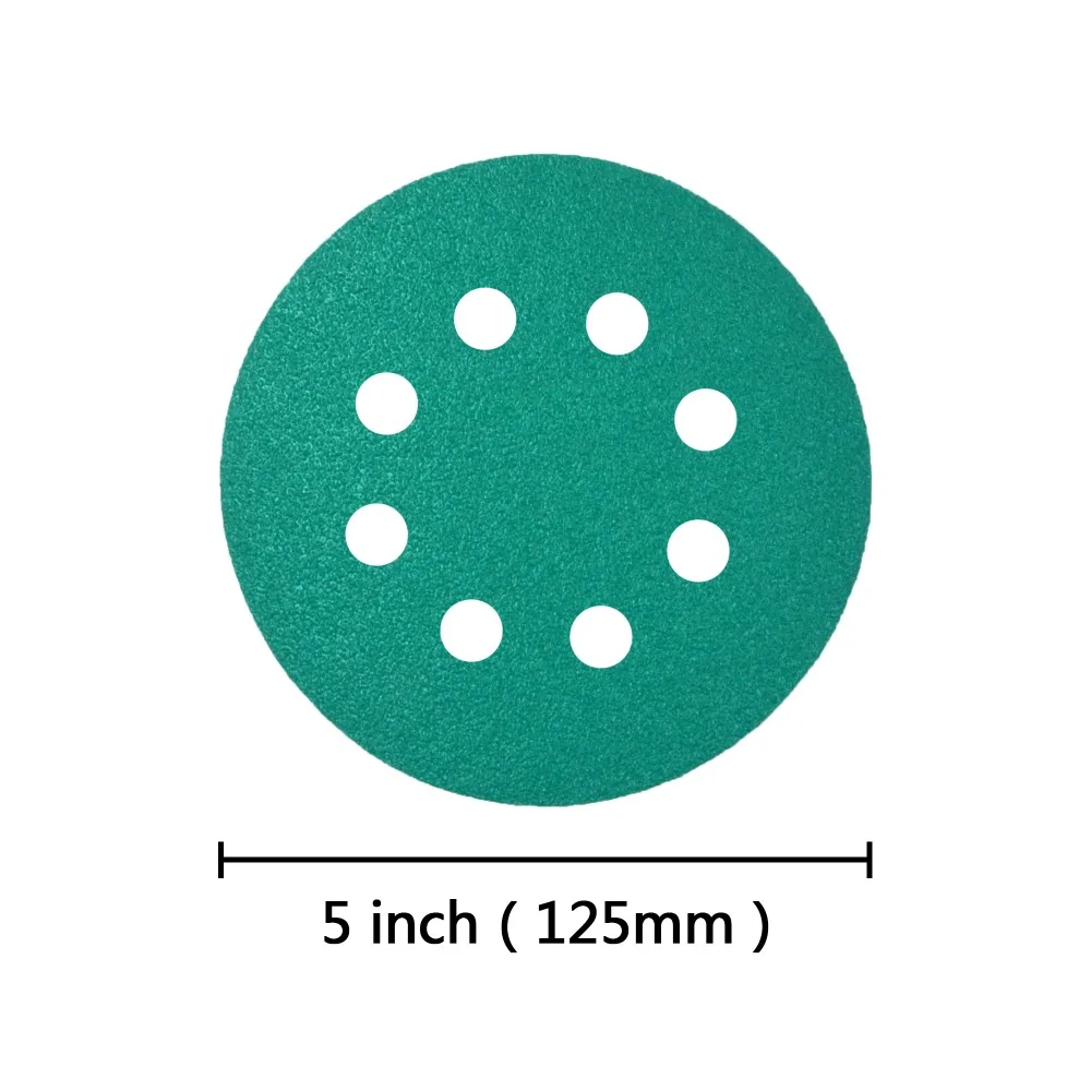 10PCS 5 Inch(125mm) 8-Hole Polyester Film Wet/Dry Hook & Loop Flocking Green Sanding Discs Paint Abrasive Sandpaper, 60#-2000#