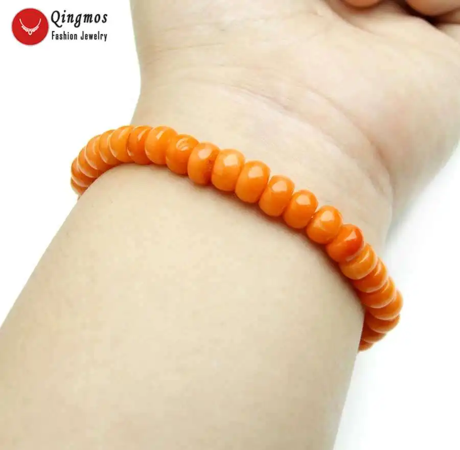 Qingmos Fashion Natural Orange Coral Bracelet for Women with 4*7mm Rondelle Coral Bracelet Fine Jewelry 7.5\'\' Pulseira bra480