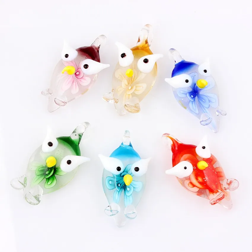 

Qianbei Wholesale 6pcs Handmade Murano Lampwork Glass Mix Color 3D Owl Pendant Fit Necklace Hot Jewelry Express Ship