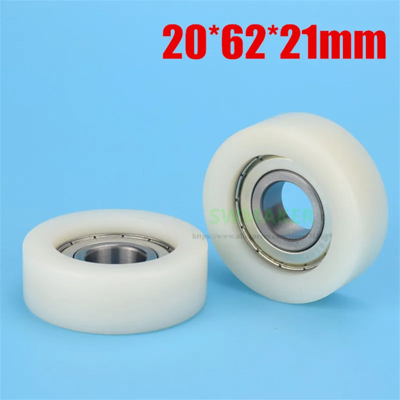 1pcs Flat wheel 20*62*21mm nylon bearing pulley, plastic coated rubber roller, 6204zz bearing, inner diameter 20mm