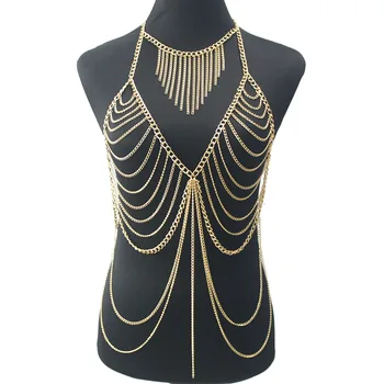 Elegant Metal Long Tassel Body Chain Harness Slave Necklace Beach Bra Jewelry 1
