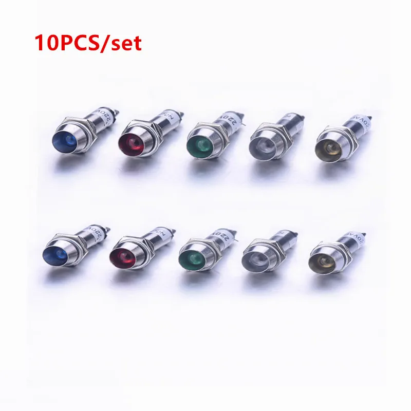 Brand New 10pcs/set Red Green Yellow Blue White Colors AC 220V XD8-1 Signal light Indicator Light Emergency Signals