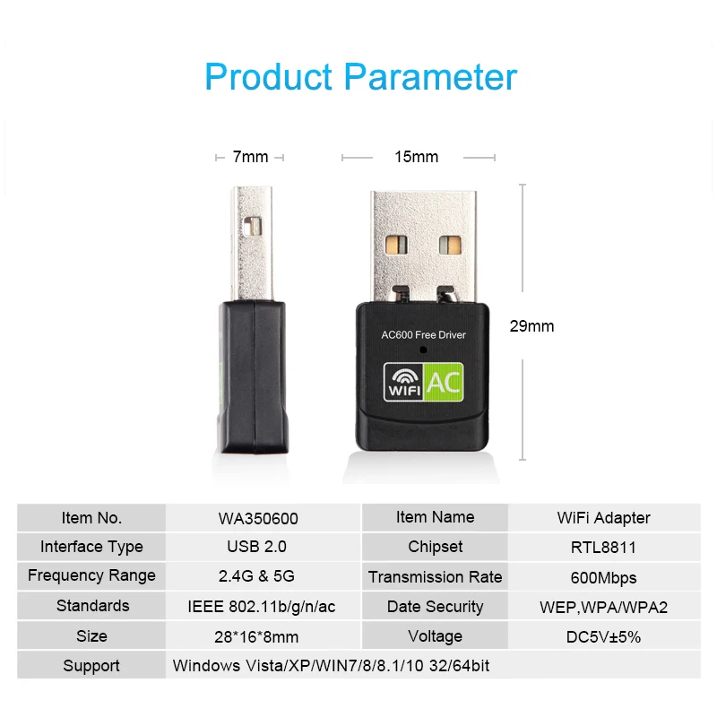 USB WiFi Adapter Network Card USB Ethernet 600Mbps 5Ghz Wi-Fi Adapter WiFi Receiver PC Antenna WiFi Dongle USB Wi Fi Adapter