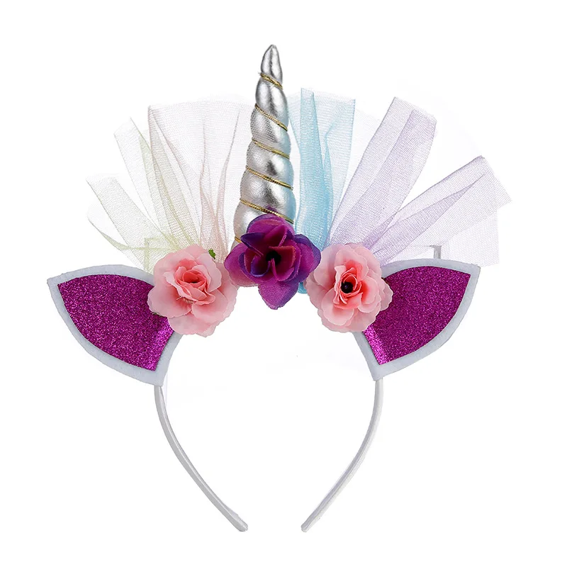 Party Unicorn Hairband Tiara DIY Flower Horn Ears Hair Accessories Bands Xmas Birthday Glitter Headband For Kids Hair Hoop 1PC