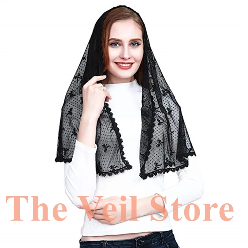 Women Black Sofr Lace Catholic Mantilla Veil for Church Dots Bows Head Scarves Cover Latin Mass Mantilla de Novia Negra Mantille