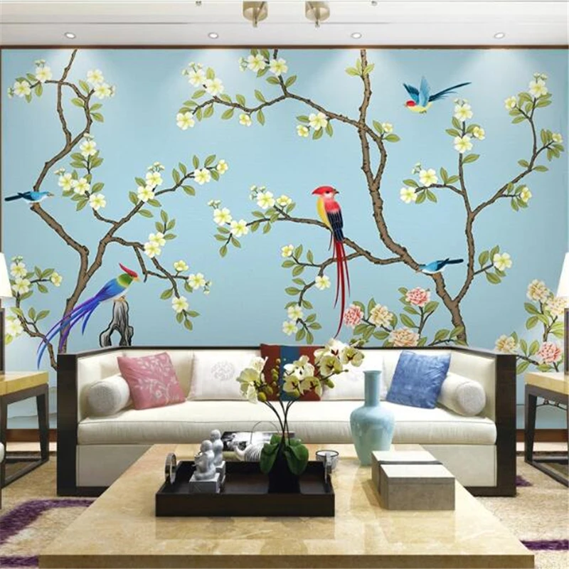 Custom wallpaper 3d mural hand-painted pen and flower new Chinese modern minimalist TV background wall soft mural 3d wallpaper