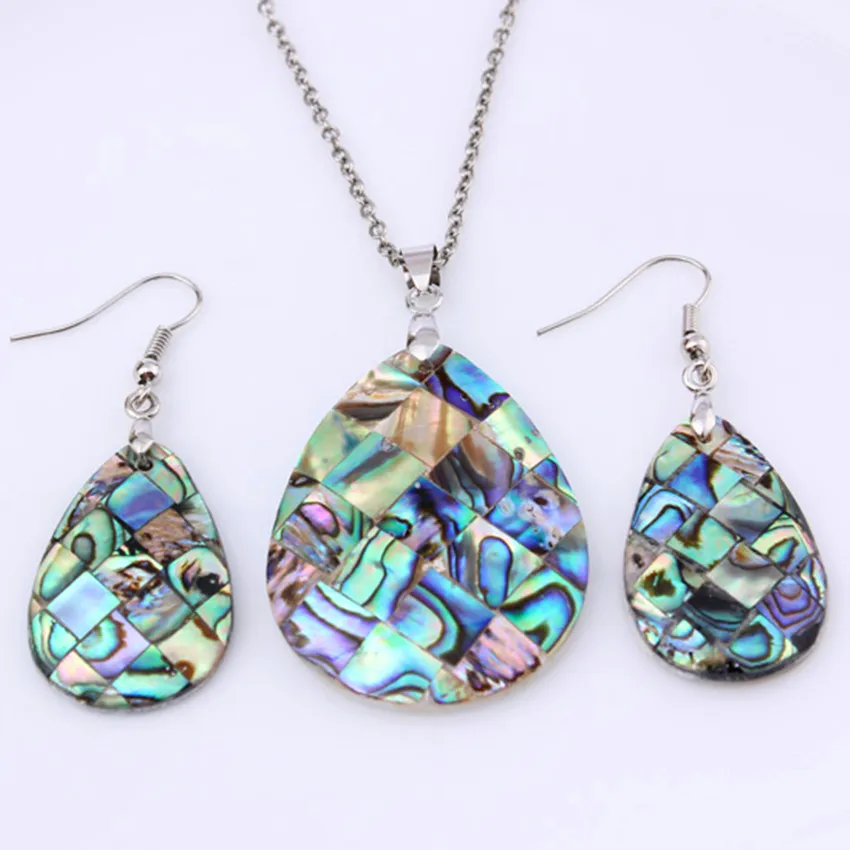 

KFT Silver Plated Natural Multicolor Abalone Shell Pendant Water Drop Dangle Hook Shell Earrings For Anniversary Jewelry Sets