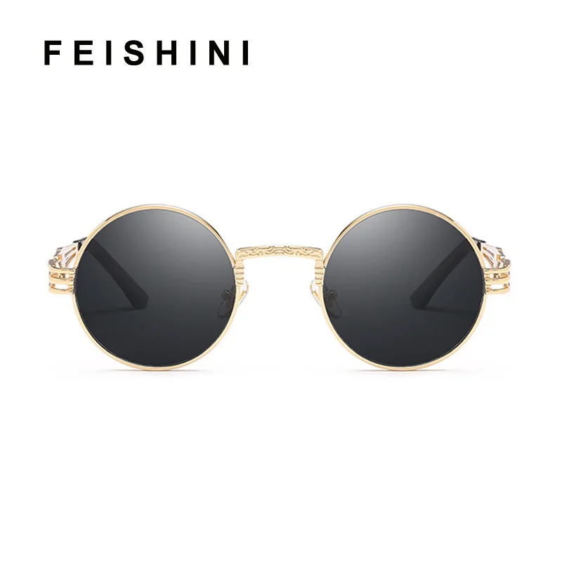 

Feishini Punk 2022 Metal Polarized Sunglasses Men Round Pink Sunglass Steampunk Coating Glasses Vintage Retro Lentes Oculos