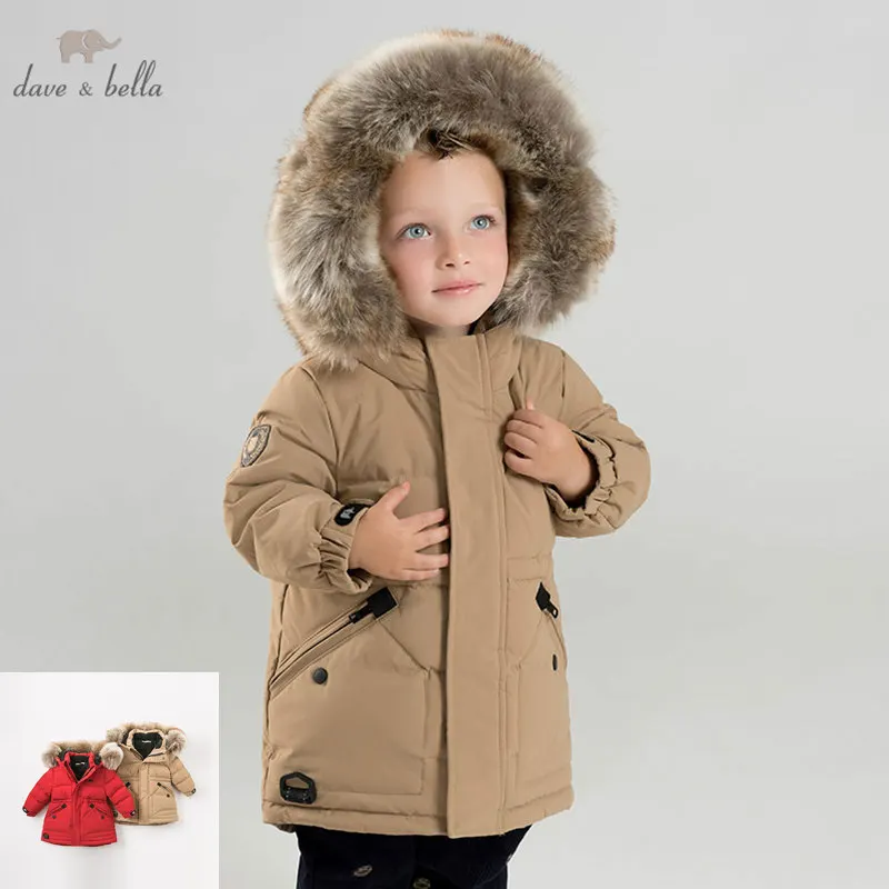 DB8855 dave bella winter baby boys down jacket children white duck down padded coat kids hooded outerwear with big fur