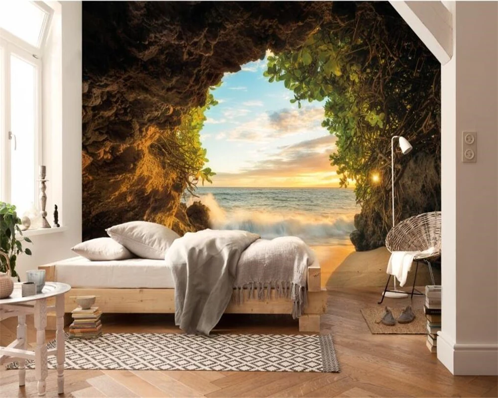 

custom Any size home decoration wallpaper picture modern luxury living room seaside cave photo 3d wallpaper murals