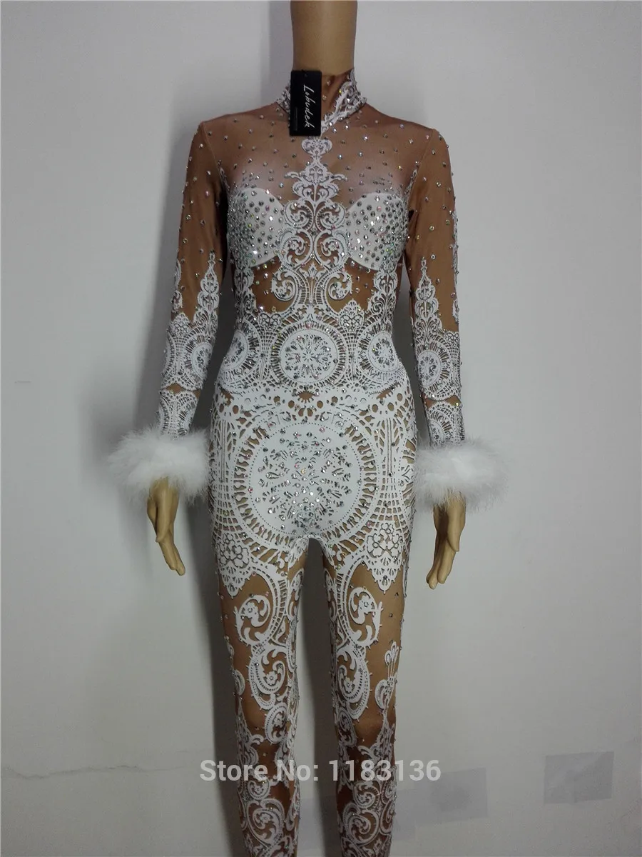 Tenue de soirée pour femmes, en dentelle blanche, plumes imprimées, élastique, Costume de Performance pour chanteur principal
