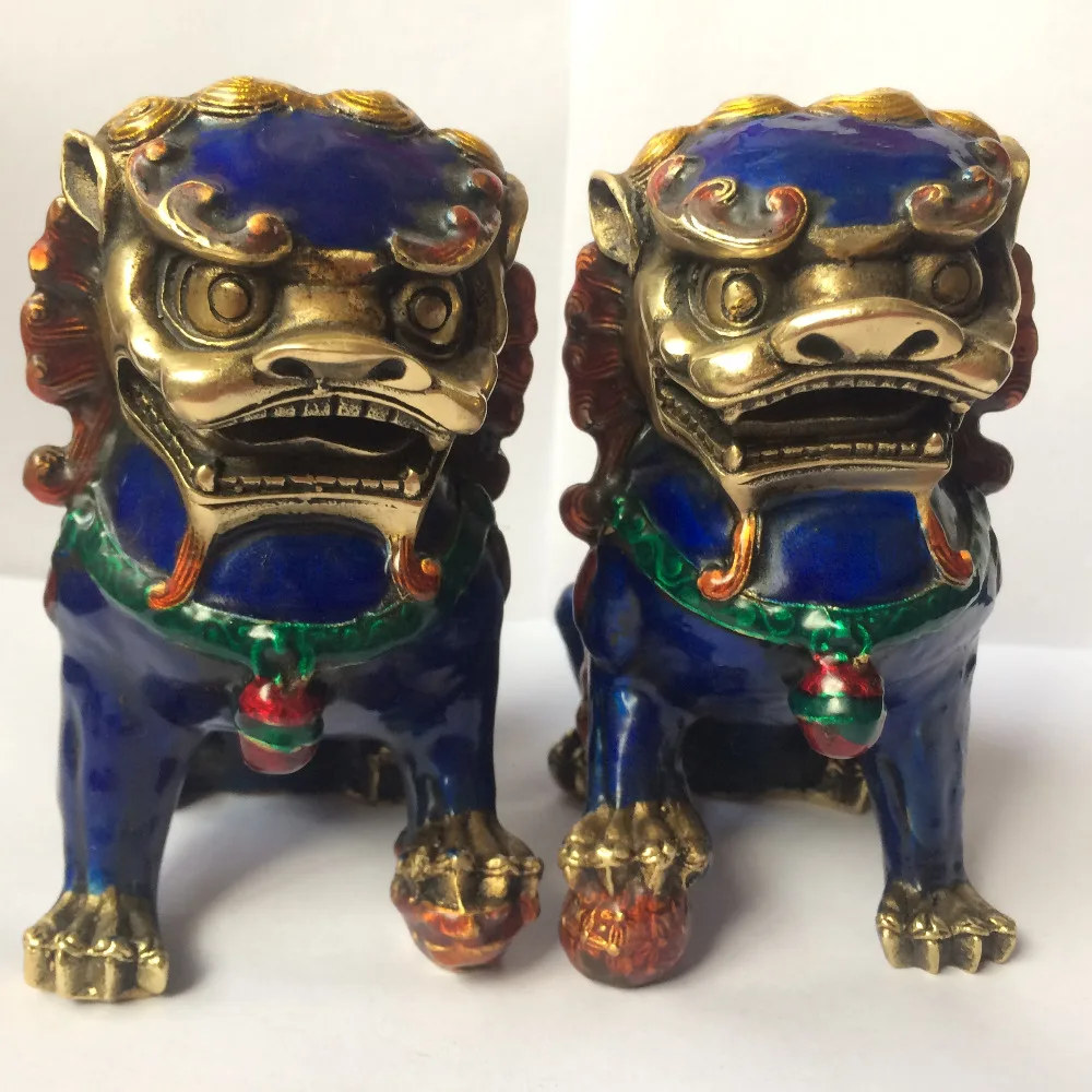 

A Pair Chinese Cloisonne Copper Statue - Lion Foo Dog Home decoration Metal crafts