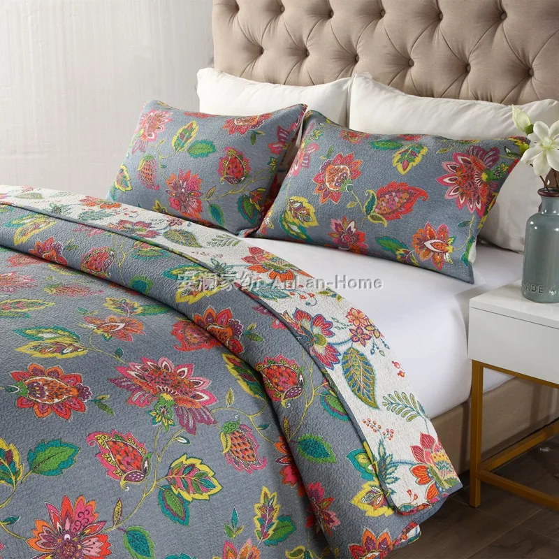 GREEN LEAVES RED FLOWER American Floral cotton Quilting Quilts Bedspread Pillowcase Coverlet 3Pcs sets Printed Bedcover kingsize