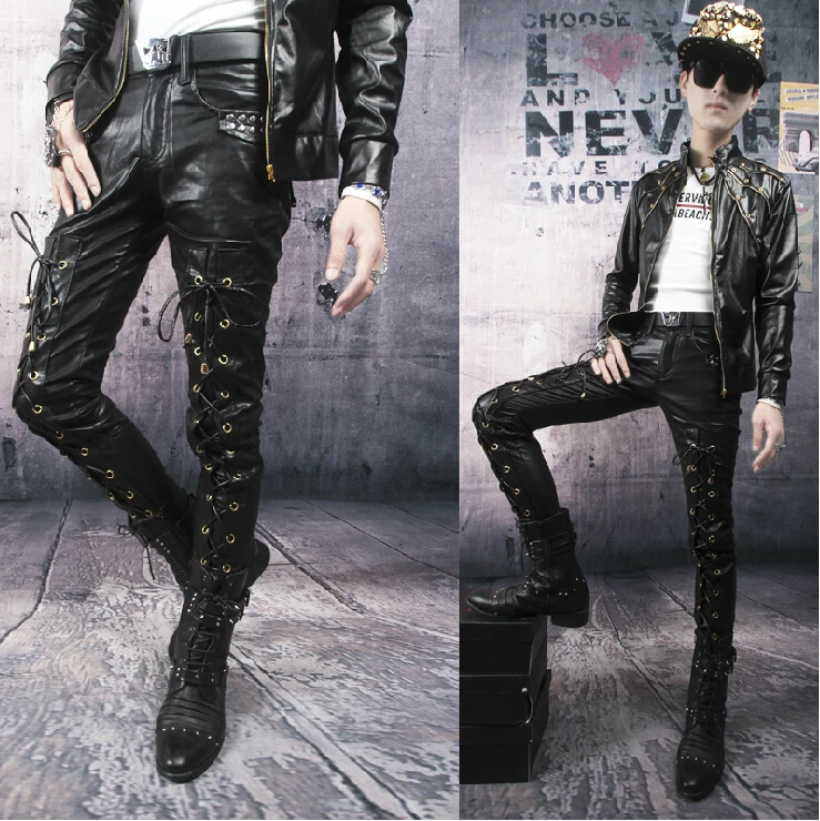 28-37 ! Plus Size New Men's Motorcycle Trousers Male Korean Slim Nightclub Stage Non-mainstream Strap Leather Pants Costumes