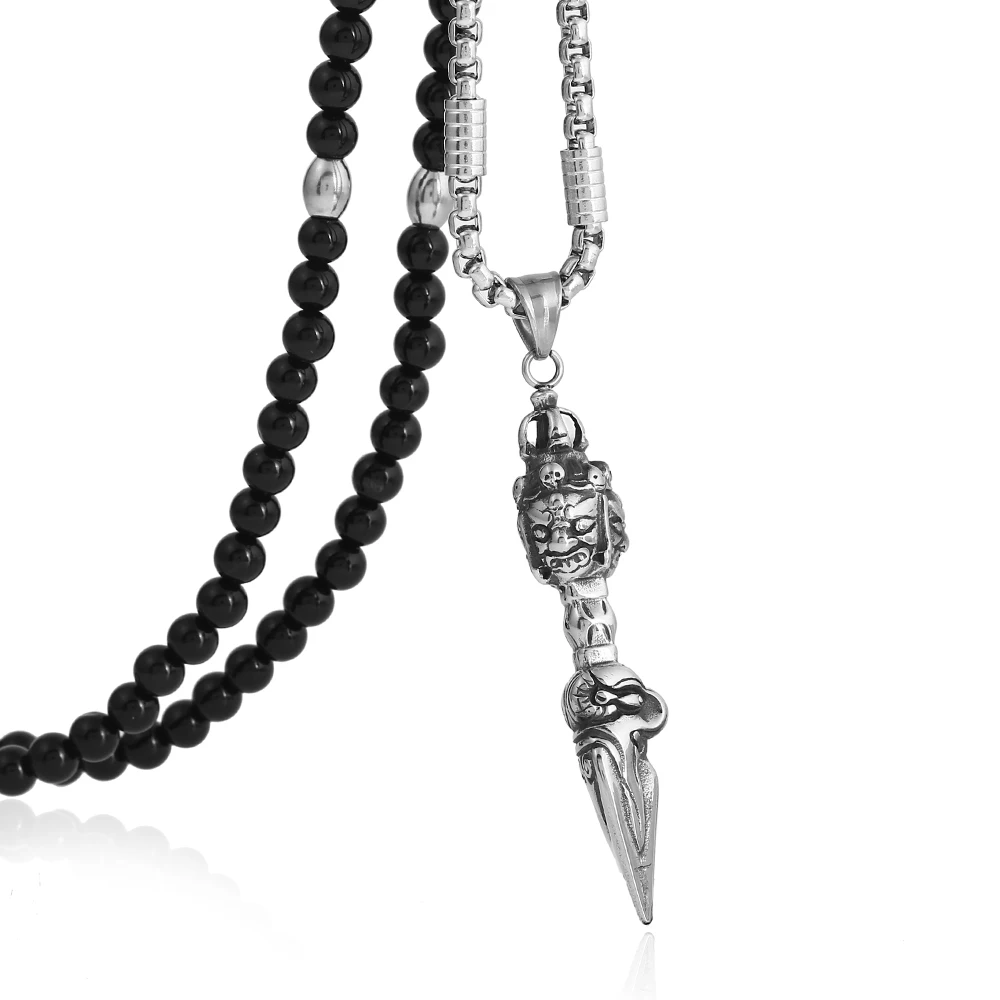 

Punk Stainless Steel Comprehensive Buddha Pendant Necklace with Black Natural Stone Chain 26"