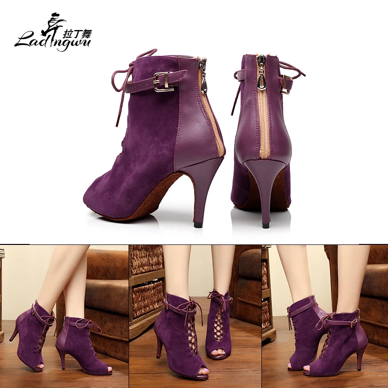 Autumn and Winter Models Dance Shoes Samba Latin Dance Shoes Salsa Dance Ballroom Shoes Purple/Black Fish mouth type Boots