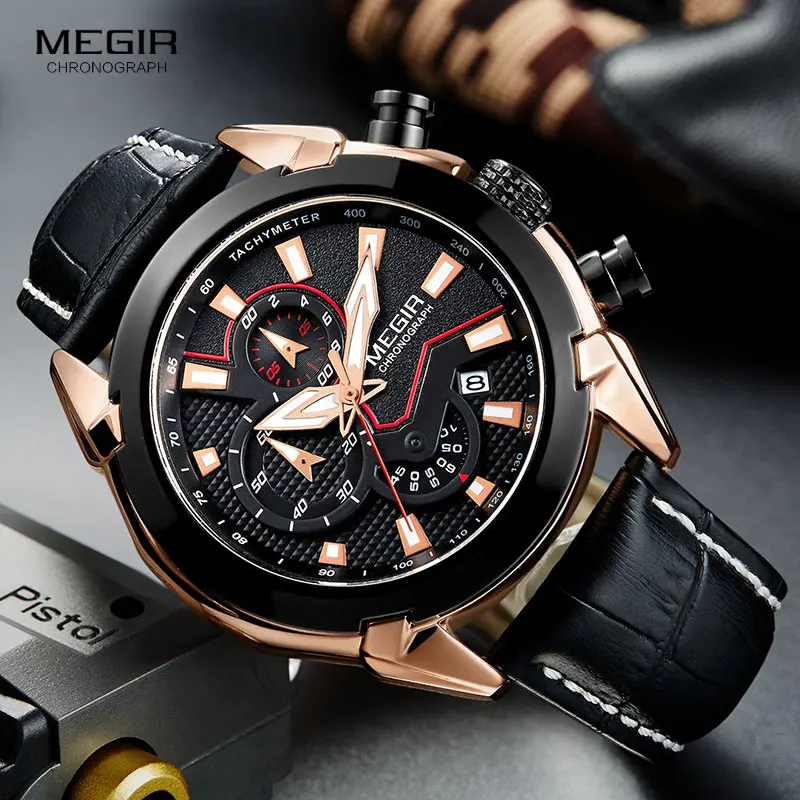 MEGIR Men\'s Fashion Sports Quartz Watches Leather Waterproof Luminous Chronograph Wristwatch Clock Relogios Masculino 2065 Rose