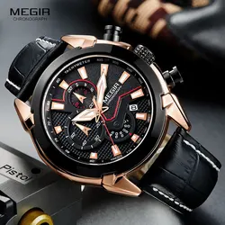 MEGIR Men's Fashion Sports Quartz Watches Leather Waterproof Luminous Chronograph Wristwatch Clock Relogios Masculino 2065 Rose