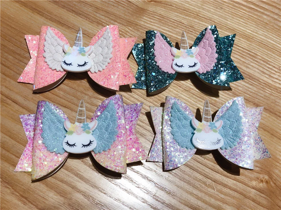 Boutique ins 12pcs Fashion Glitter Fairy Unicorn Bowknot Hairpins Solid Angel Wing Bowtie Hair Clips Princess Hair Accessories