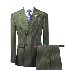 2 peças ternos masculinos listrado fino ajuste negócios cinza verde ternos noivo tweed lã marrom smoking para casamento à noite (blazer + calças)