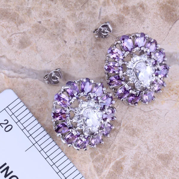 Superb Purple Cubic Zirconia Silver Plated Jewelry Sets Earrings Pendant Ring Size 6 / 7 / 8 / 9 / 10 Free Gift Bag S0427