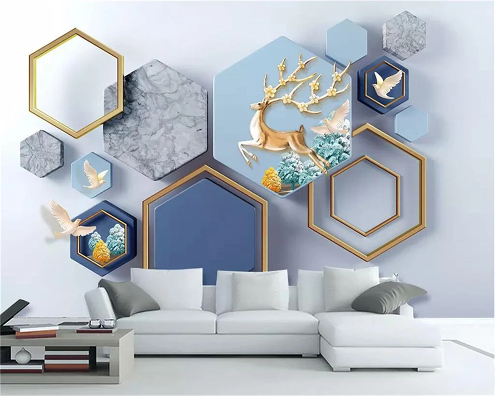 Decorative wallpaper 3D Simple Geometry Marble Moose Tree Mural Background Wall