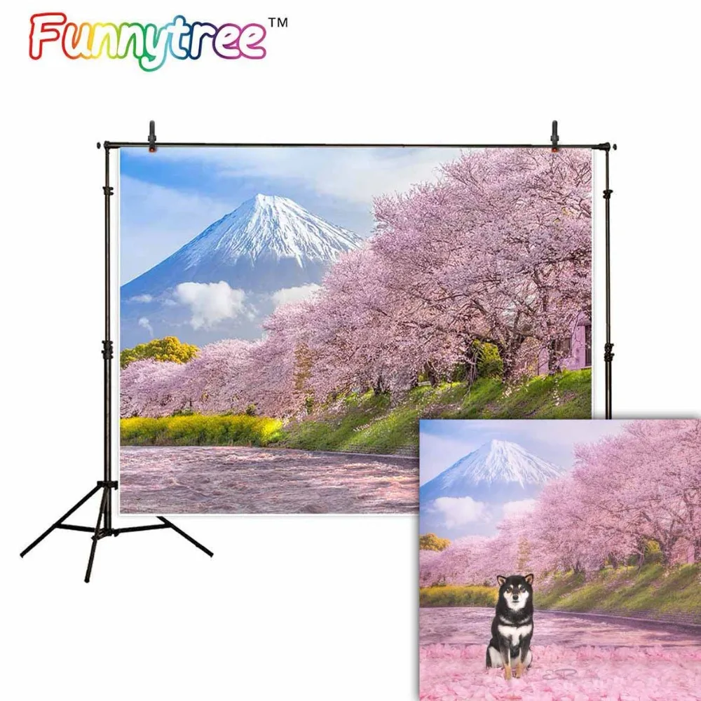 Allenjoy Japan mountain Fuji river backdrop Spring pink sakura Cherry blossoms trees photography background forest econ vinyl