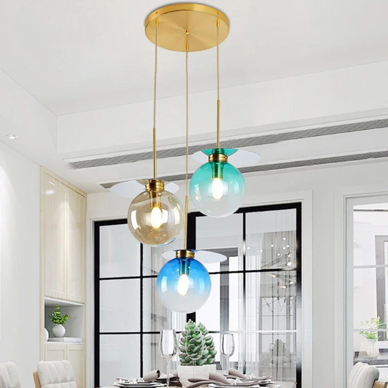 Modern creative gradient color glass ball pendant lamp Nordic simple 3 light E14 restaurant DIY decor golden plate LED lighting