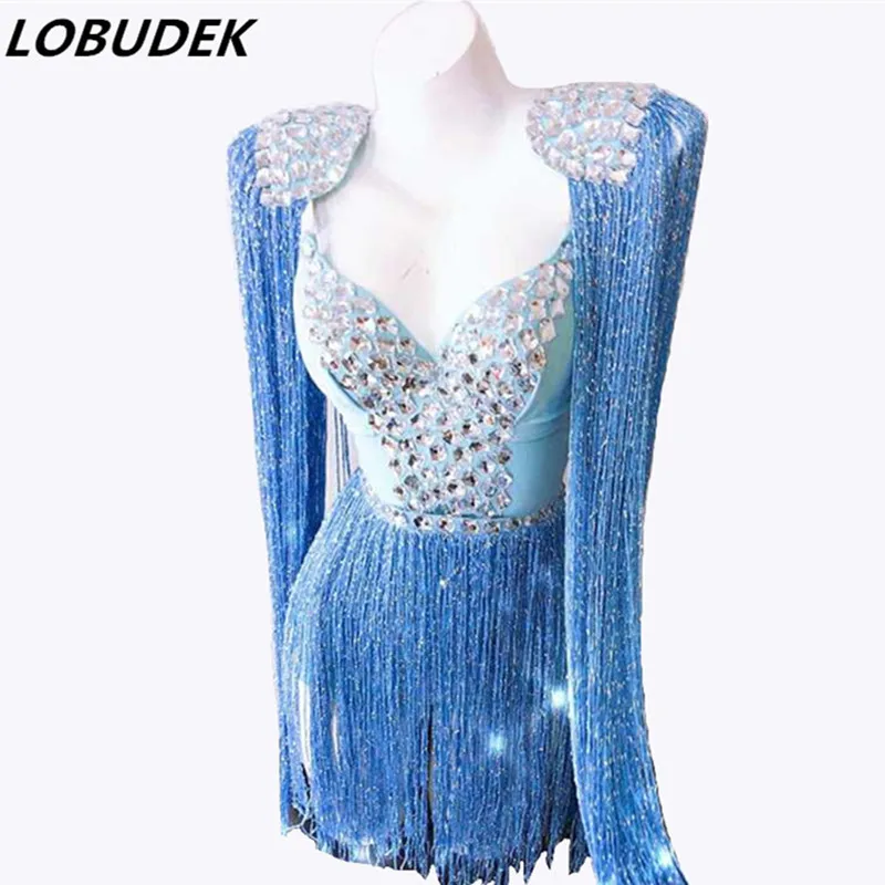 

Sexy V-Neck Rhinestones Pink Blue Fringes Epaulet Bodysuit DJ Singer Nightclub Costume Elastic Tassels Catsuit Women Stage Wear