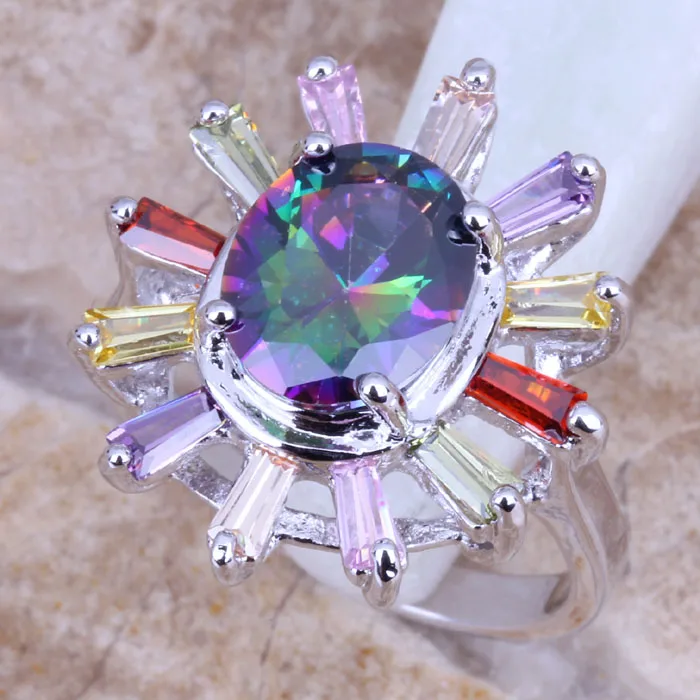 Smooth Rainbow Cubic Zirconia Multigem Silver Plated Women's Ring Size 6 / 7 / 8 / 9 E781